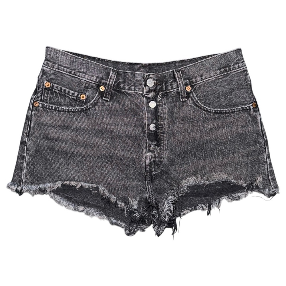 Levi’s 501 Black Denim Distressed Cutoff Jean Shorts Exposed Button Fly Size 28